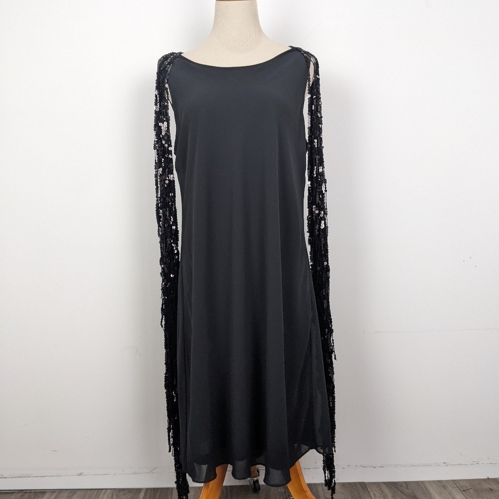 Simon Chang Black Shift Dress Size 12 Sequin Cocktail Festive Holiday